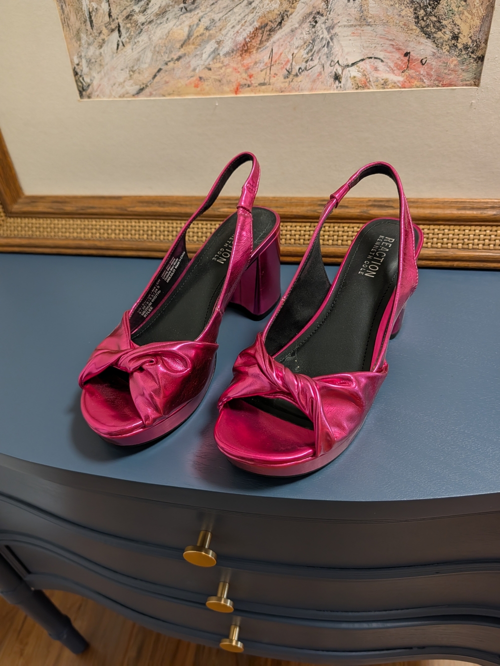 Reaction Kenneth Cole Rylee Metallic Fuchsia Slingback Block Heel Sandals